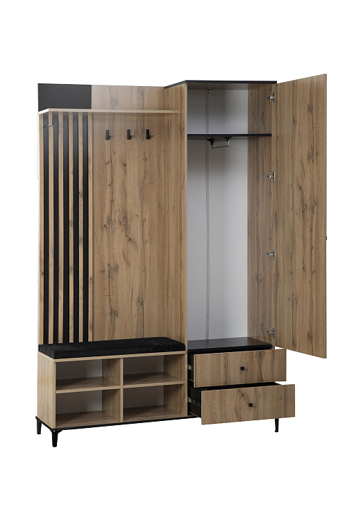 Шкаф для прихожей 51.22 Либерти (h=150) (с зеркалом) дуб вотан/черный/ткань велюр dombai 04 черный/профиль masa decor дуб вотан/ДВПО белый